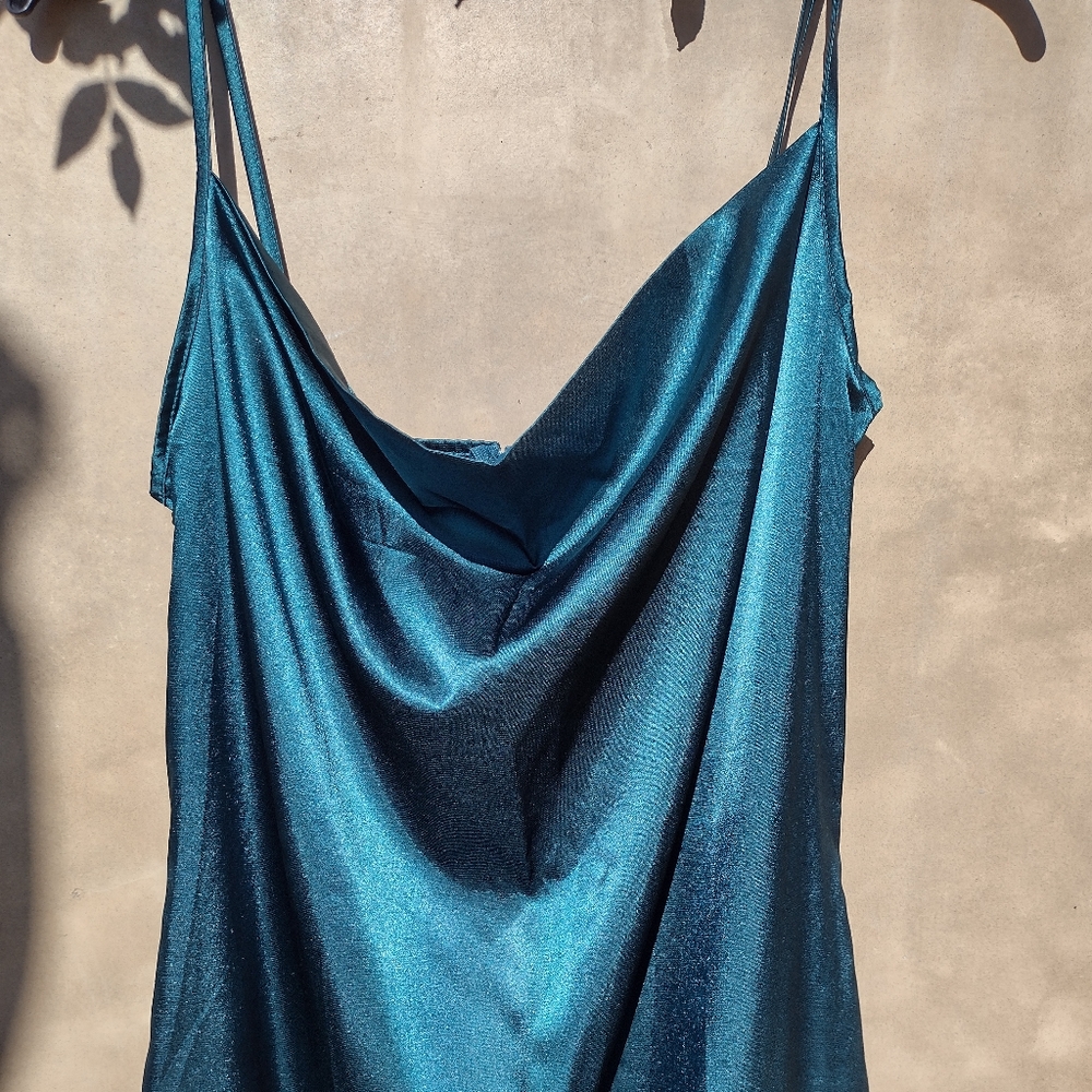 Blue-green satin slip style dress